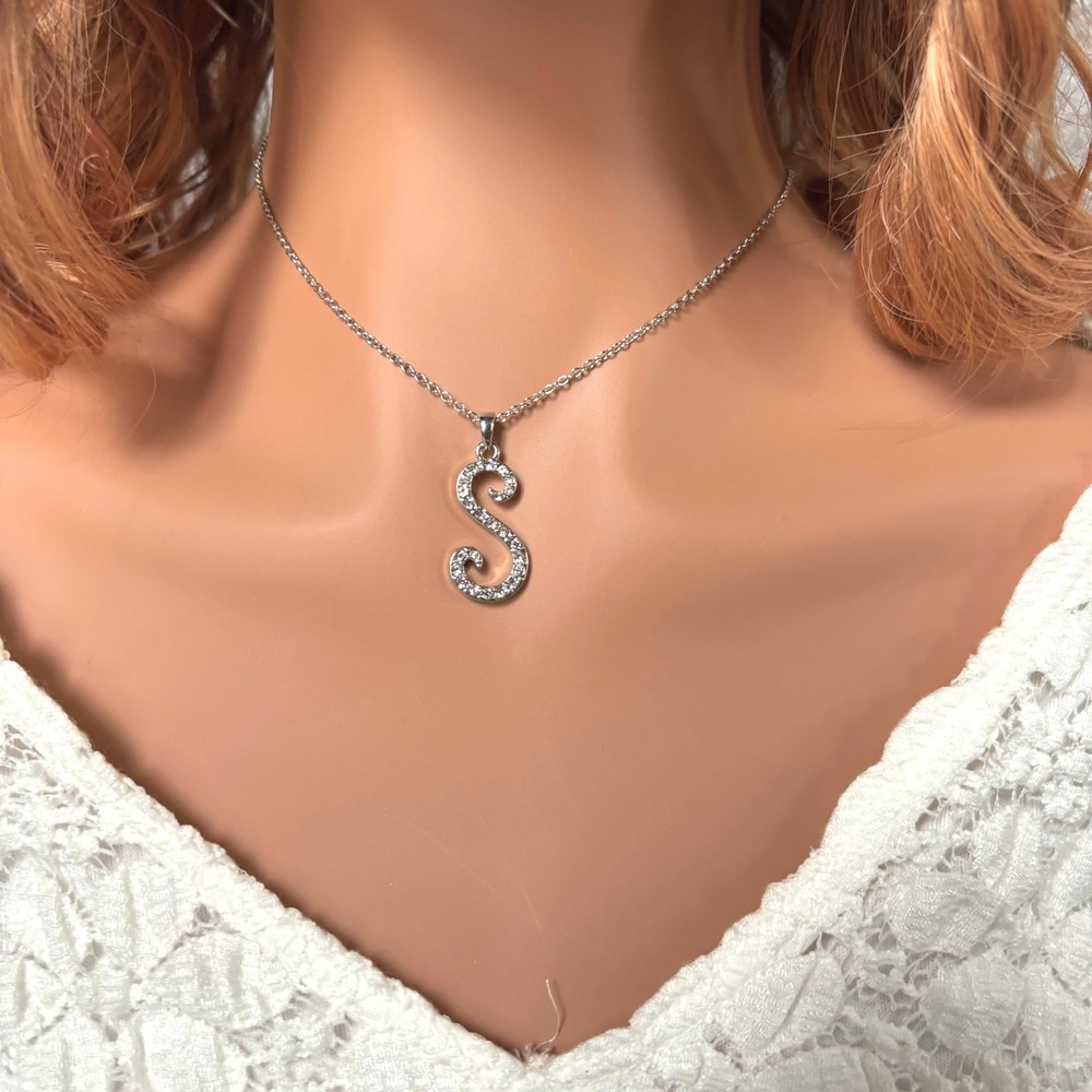 Elegant Initial Script S Pendant Necklace Silver Tone Rhinestone Y2K Bling 21865